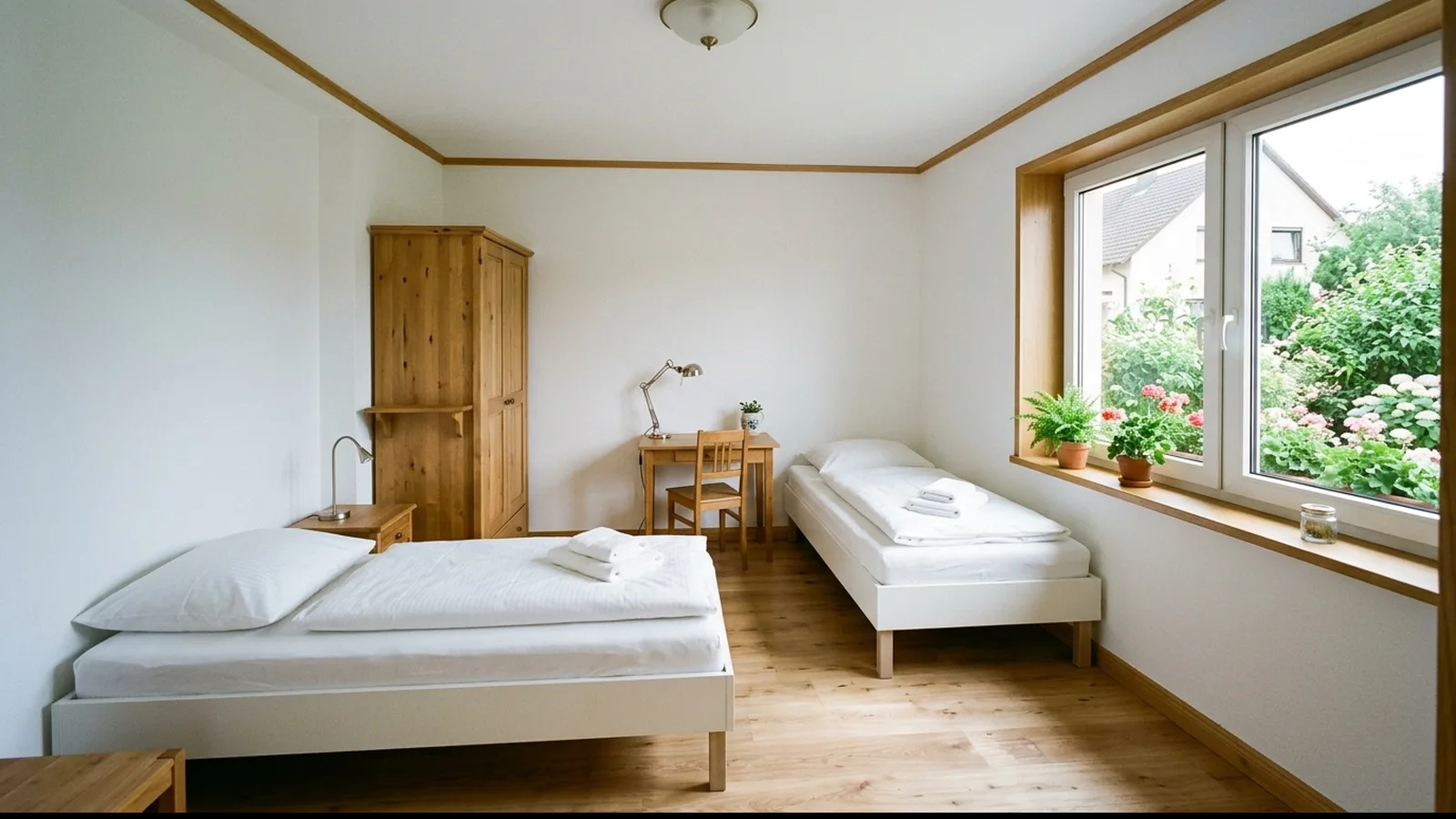 Aufgeräumtes Monteurzimmer mit zwei Einzelbetten neben einer wohnlich eingerichteten Ferienwohnung, auf dem Schreibtisch ein Belegungskalender