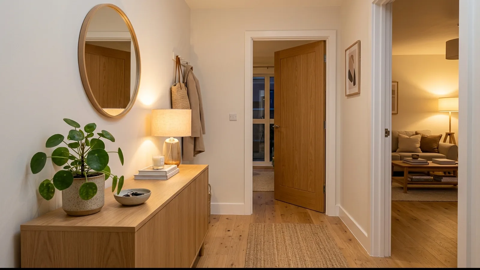 Heller Eingangsbereich einer Ferienwohnung am Abend mit warmem Lampenlicht und offener Tür zum Wohnraum